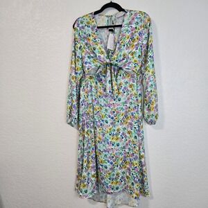 RESA Noelle Dress Monet Floral Print Tie Front Cutout Midi Long Sleeve Size M